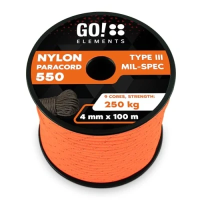 Abbildung von GO!elements 100m Paracord Seil aus reißfester Nylonschnur 4mm 550 Typ III Schnur geeignet als Allzweckseil &amp; Reepschnur Max. 250kg, Farbe: Orange Reflektierenden