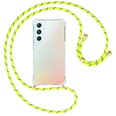 Abbildung von mtb more energy® Handykette kompatibel mit Samsung Galaxy S23 FE Neon Gelb gestreift/Goldfarbene Ösen Smartphone Hülle zum Umhängen Anti Shock Full TPU Case