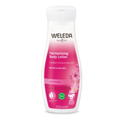 Abbildung von WELEDA Bio Wildrose Bodylotion Naturkosmetik Körperpflege Lotion mit Jojobaöl &amp; Aprikosenkernöl glättet die Haut. Natürliche Körperlotion zur Pflege von normaler trockener Haut (vegan, 200ml)