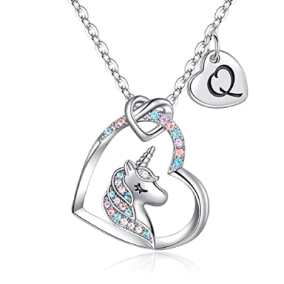 Abbildung von TINGN Einhorn Halskette Kette Mädchen, 14K Weißgold Vergoldet Herz Anhänger mit Buchstaben Q Geburtstag Geschenke für Tochter Mädchen Schmuck Teenager