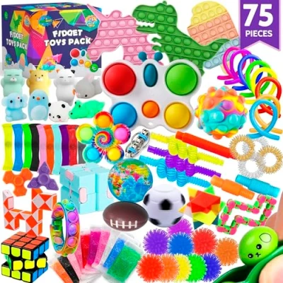 Abbildung von 75 Stück Zappeln Spielzeuge für Kinder Partygeschenke Mitgebsel Kindergeburtstag gastgeschenke Klassenzimmer Preise zum Stressabbau Schatztruhe Pop Its Spielzeug Autisten und ADHS Kleine Geschenke