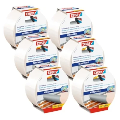 Abbildung von tesa Verlegeband rückstandsfrei entfernbar im 6er Pack Gewebeverstärktes, doppelseitiges Klebeband zum Verkleben von Teppich und PVC Bodenbelägen 6 Rollen je 10 m x 50 mm