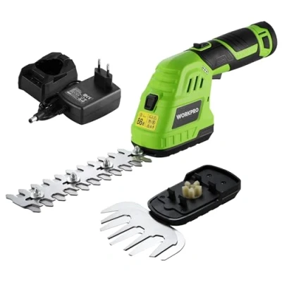 Abbildung von WORKPRO 12V Strauchschere Akku 2 in 1 Grün, handliche Grasschere mit Messern, 2Ah und Ladegerät, elektrische Heckenschere Rasentrimmer für Gartenarbeit, Schnittbreite 12,5cm, Schnittlänge 16cm