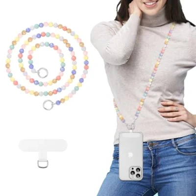 Abbildung von MoKo Universal Telefon Lanyard, Perle Perlen Handy Kette Crossbody Strap Anti Diebstahl Abnehmbare Frauen Lanyards um den Hals mit Patches für iPhone, die meisten Smartphones, Zehneckige Blume