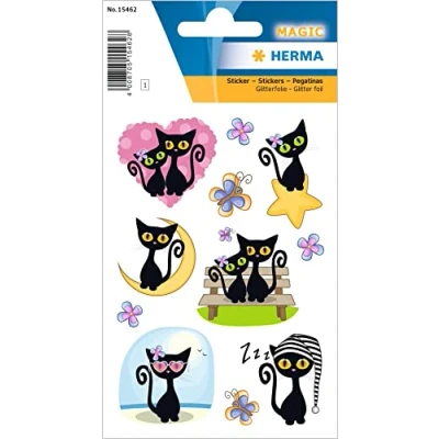Abbildung von HERMA 15462 Aufkleber Katzen Glitzer klein groß, 11 Stück, Tiere Sticker mit schwarze Katze Motiv, Kinder Etiketten für Fotoalbum Tagebuch Poesiealbum Scrapbooking Geburtstag Deko Briefe DIY Basteln
