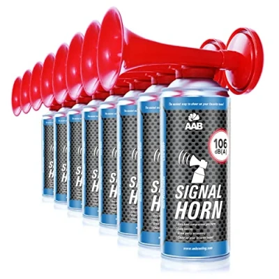Abbildung von 8 x AAB Signal Horn Laut Fanfare 106 dB(A), Fussball Fanartikel Mit Nicht Brennbarem Gas, Bis Zu 120 Kurze Pieptöne, Drucklufthorn, Gaströte, Pressluft Signalhorn, Drucklufthupe, Stadion Tröte