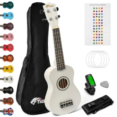 Abbildung von TIGER Sopran Ukulele, Anfänger Set. Stimmgerät, Gurt, Tasche, Pick, Saiten Weiß
