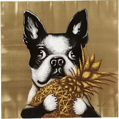 Abbildung von Kare Design Bild Touched Dog with Pineapple, Gold, Leinwandbild, Hund, Acrylfarbe, Canvas, Tannenholz Rahmen, handgemalte Details, Abstrakt, Modern, Wohnzimmer, Schlafzimmer, Flur, 80x80x4 cm (H/B/T)