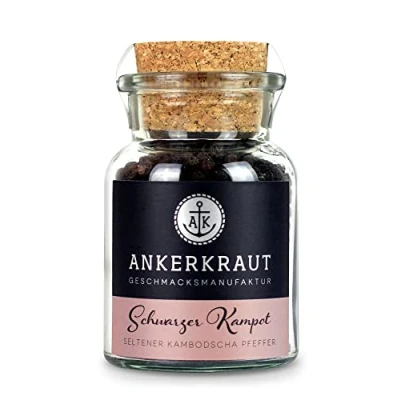 Abbildung von Ankerkraut Schwarzer Kampot Pfeffer, fruchtig scharf, ganze Körner, aus Kambodscha, 80g im Korkenglas