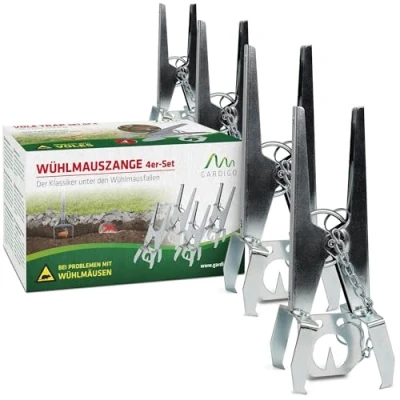 Abbildung von GARDIGO® Wühlmausfalle mit festgekettetem Köderplättchen 4er Set I Wiederverwendbare Wühlmauszangenfalle für den Garten Beidseitige Fangmöglichkeit Korrosionsbeständige Wühlmauszange