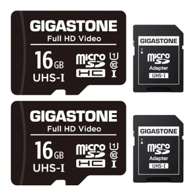 Abbildung von Gigastone 16GB MicroSDHC Speicherkarte 2er Pack + SD Adapter, für Action Kamera, GoPro, Drohne und Tablet, Lesegeschwindigkeit bis zu 85MB/s, Full HD Videoaufnahme, Micro Karte UHS I Klasse 10 U1