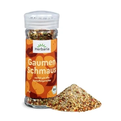 Abbildung von Herbaria Gaumenschmaus Bio 55g Streuer fertiges Bratkartoffelgewürz für Kartoffeln &amp; Gratin mit erlesenen Zutaten im praktischen Glas Gewürzstreuer