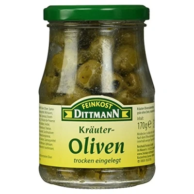Abbildung von Feinkost Dittmann Kräuter Oliven, grün ohne Stein, 170g