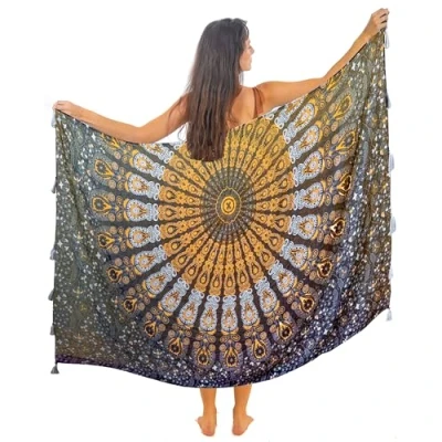 Abbildung von Schwarzer Strandtuch Xxl Mit Quasten Baumwolle Groß Strand Pareo Sarong Damen Wickeltuch Wickelrock Strandrock Tapisserie Bikini Cover Up Tragen Über Badeanzügen