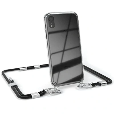 Abbildung von EAZY CASE kombinierbare Handyketten kompatibel mit iPhone XR, Transparente Silikon Hülle stylischen Umhängeband, Abnehmbarer Karabiner, Band, Umhängetasche, Schwarz Clips Silber