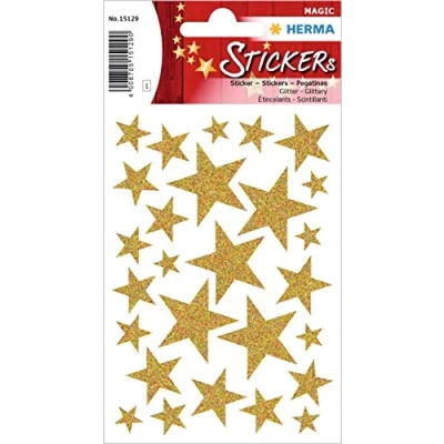 Abbildung von HERMA 15129 Aufkleber Sterne Glitzer Gold, 27 Stück, Stern Sticker aus Folie, Weihnachtssticker Sternaufkleber für Weihnachten Geschenke Adventskalender Dekoration Kinder Belohnung DIY Basteln