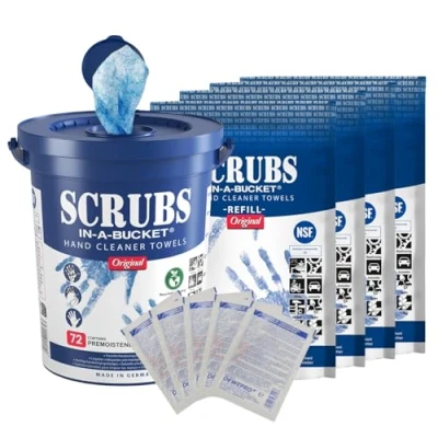 Abbildung von SCRUBS in a bucket mit 4 nachhaltigen Refill Nachfüllpacks je 72 Stück Handreinigungstücher inkl. 5 St. DEWEPRO® SingleScrubs