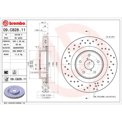 Abbildung von BREMBO 09.C828.11 Bremsscheibe 340 30 5 gelocht/innenbel. beschichtet hochgekohlt SUBARU: WRX Limousine