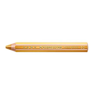 Abbildung von STAEDTLER Kindermalstift Noris Junior 140, Sechskantform, extra bruchsicher, perfekter erster Kindermalstift, 3in1 Bunt Wachsmal und Aquarellstift in einem, 6 Stifte gold, 140 111