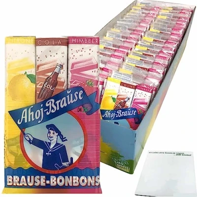 Abbildung von Frigeo Ahoj Brause Bonbons Stangen 3er Zitrone Cola Himbeer Geschmack (36x69g Packung) + usy Block