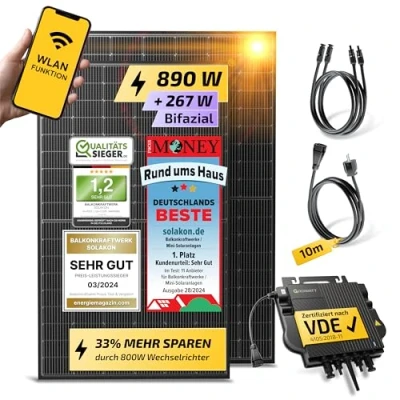 Abbildung von Solakon® 890W Balkonkraftwerk 800W komplett Steckdose neuester 800 Watt Wechselrichter Solaranlage Komplettset 445W bifaziale Solarmodule inkl. Zubehör 10m Kabel