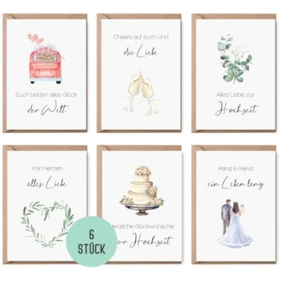 Abbildung von 6 Glückwunschkarten zur Hochzeit Hochzeitskarten Klappkarten inklusive Naturkuvert Glückwünsche (Hochzeit)