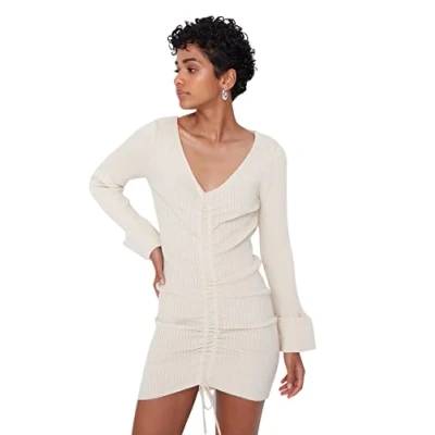 Abbildung von Trendyol Damen Woman Regular Standard V neck Knitwear Dress, Greige, M EU