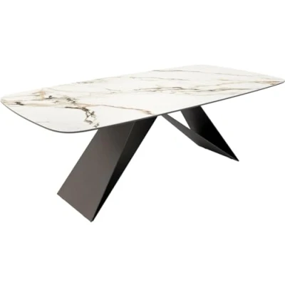Abbildung von Esstisch Edge Boot 240x120 Keramik Calacatta Luxe Weiß Gold Grau V Gestell Flachstahl Schwarz