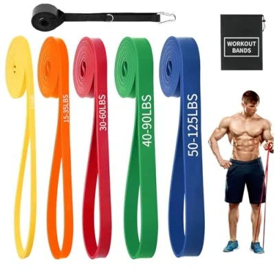 Abbildung von Resistance Bands Set,Fitnessbänder Widerstandsbänder 5er Set Mit Türanker Tragetasche,Gymnastikband für Männer und Frauen, Fitnessband Yoga Pilates,Krafttraining (Gelb, Orange, Rot, Grün, Blau)