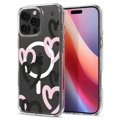 Abbildung von Spigen für iPhone 16 Pro Max Hülle [Anti Yellowing] Ultra Hybrid MagFit Case Handyhülle Transparent Dünn Slim Kompatibel mit MagSafe Hearts Black Pink