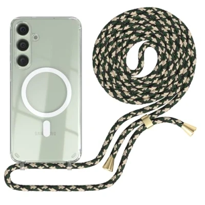 Abbildung von EAZY CASE Handykette kompatibel mit Samsung Galaxy S24 Plus Kette zum Umhängen Stoßfest Handyhülle für Silikon Hülle Band Handytasche Transparent Fallschutz in Grün Camouflage