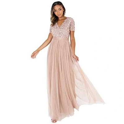 Abbildung von Maya Deluxe Damen Maxi Abendkleid Hochzeit V Ausschnitt Brautjungfernkleid Empiretaillierung Elegantes Abschlussball Bridesmaid Dress, Taupe Blush, 56