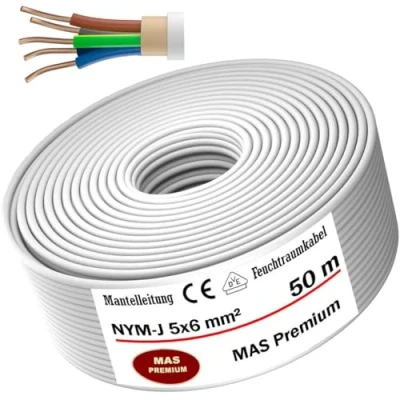 Abbildung von MAS Premium Feuchtraumkabel Stromkabel 5 200m Mantelleitung NYM J 3x1, 2,5 4 6 10 oder 5x1,5 16 Elektrokabel für feste Verlegung (NYM 5x6 mm², 50m)