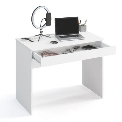 Abbildung von KOMTO Schreibtisch Weiß mit 1 Schublade 100 x 53 76 cm Bürotisch Computertisch Klein Arbeitstisch Büro PC Tisch Kinderschreibtisch Stauraum
