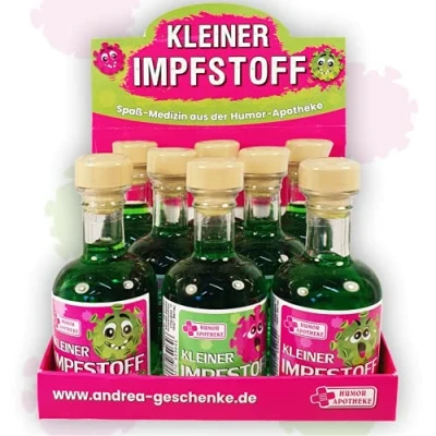 Abbildung von Kleiner Corona Impfstoff 8 x 0,04l 4cl im Display Box Pfefferminzlikör Likör 20% vol. alc. Humormedizin Spaßmedizin Humorapotheke Humor Apotheke