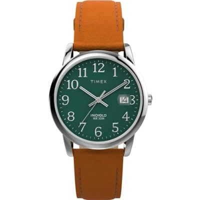 Abbildung von Timex Easy Reader Herren Armbanduhr, 35 mm, braunes Lederarmband, grünes Zifferblatt, silberfarbenes Gehäuse TW2W54600