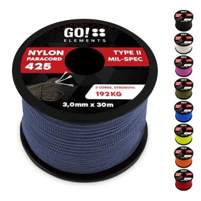 Abbildung von GO!elements 30m Paracord Seil aus reißfestem Nylon 3mm 425 Typ II max. 192kg Schnüre als Outdoor Seil, Allzweckseil, Survival Armband, Hundeleine, Nylonschnur, Farbe: Grau Blau