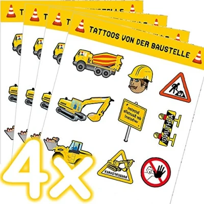 Abbildung von Mega Tattoo Set * BAUSTELLE als Mitgebsel, Geschenk oder zum Spielen 4 Bögen mit 36 Tattoos Aufkleber Bilder Sticker Kinder Kindergeburtstag Geburtstag Bauarbeiter Bagger