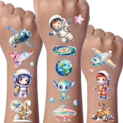 Abbildung von Weltraum Glitzer Tattoo Set Kinder, 12 Blätter Tattoos Deko Kindergeburtstag, Geburtstag Party Geschenk Dekorationen, Hautfreundliche Temporäre Kinder