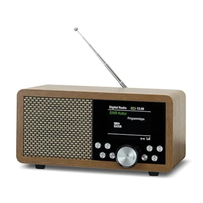 Abbildung von Dynavox DBT600 DAB+ Radio, tragbares, digitales UKW ideal als Küchenradio, Badradio, Büroradio, Wecker, BT, TFT Display, Netz oder Akku Betrieb, USB/Micro SD Player, Holzdekor braun