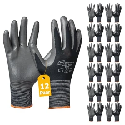 Abbildung von Gebol Midi Flex Arbeitshandschuhe mit abweisender Nitril Beschichtung Nitrilhandschuhe Für Werkstatt &amp; Garten Damen und Herren Größe XL (Gr 10) Schwarz 12 Paar Multipack