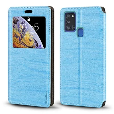 Abbildung von Schutzhülle für Samsung Galaxy A21S, Holzmaserung, Leder, mit Kartenhalter und Fenster, magnetisch, Himmelblau