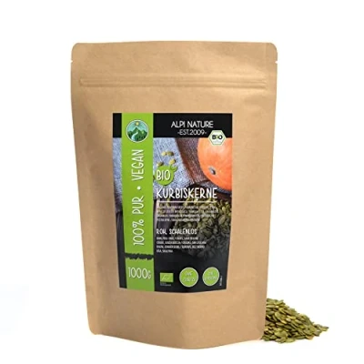 Abbildung von Bio Kürbiskerne roh (1kg), geschält, 100% naturrein und ungesalzen, aus kontrolliert biologischem Anbau, glutenfrei, laktosefrei, laborgeprüft, vegan