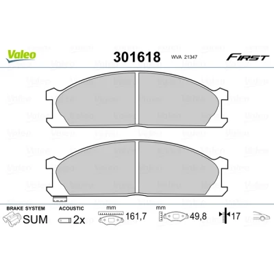 Abbildung von VALEO 301618 Bremsbelagsatz FIRST Vorderachse inkl. Verschleißwarnkontakt ohne Anti Quietsch Blech NISSAN: Pathfinder 2, SUNNY 2 Coupe, TERRANO 1