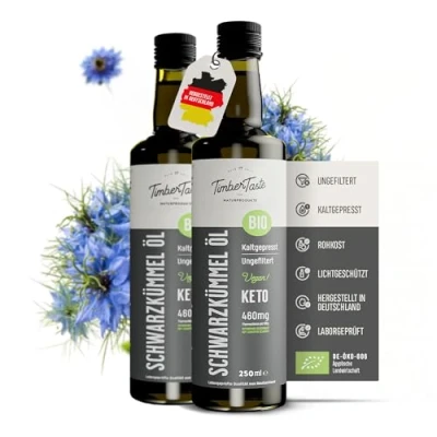 Abbildung von Schwarzkümmelöl bio kaltgepresst, 500 ml, naturrein, 4600 mg/kg Thymochinon Gehalt, Nigella Sativa, Ägyptisches Schwarzkümmelöl, Black Seed Oil 2 x 250 ml