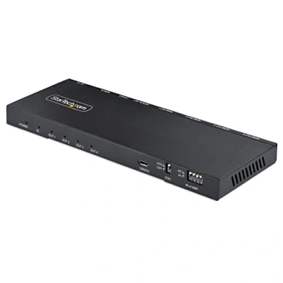 Abbildung von StarTech.com 4 Port 4K HDMI SPLITTER 1x4,60Hz 2.0 Video,Verteiler mit integriertem Skalierer,1 In Out,3.5mm/Optical Audio (HDMI 44K60S), Black