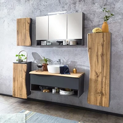 Abbildung von Lomadox Badmöbel Set in anthrazit und Wotan Eiche Nb. mit Baumkantenoptik LED Spiegelschrank Keramik Waschbecken, B/H/T: ca. 216/200/52 cm