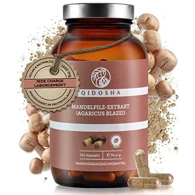 Abbildung von QIDOSHA® Agaricus 30:1 Extrakt Kapseln, 120 Stk, 1500 mg Mandelpilz je Tagesportion, Blazei Murill Kapseln hochdosiert, vegan, laborgeprueft