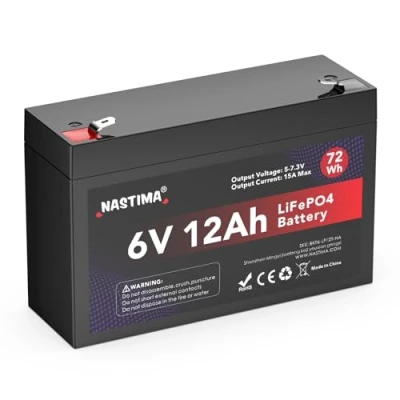 Abbildung von NASTIMA 6V 12Ah 72Wh LiFePO4 Wiederaufladbare Batterie Mit BMS Schutz und 4000 Deep Cycle Wartungsfrei, Geeignet für Notstrombeleuchtung, Kinderspielzeugautos, Motorboote, Camping, Sonnenkollektoren