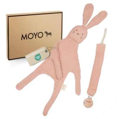 Abbildung von MOYO Baby Geschenk Set aus Musselin I Zartes Rosenholz 2 teiliges Geschenkset mit Schnuffeltuch Hase &amp; Schnullerkette zur Geburt für Junge Mädchen Babygeschenke Neugeborene